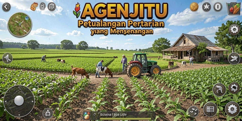 Screenshot gameplay AGENJITU menampilkan ladang yang indah dan aktivitas pertanian.