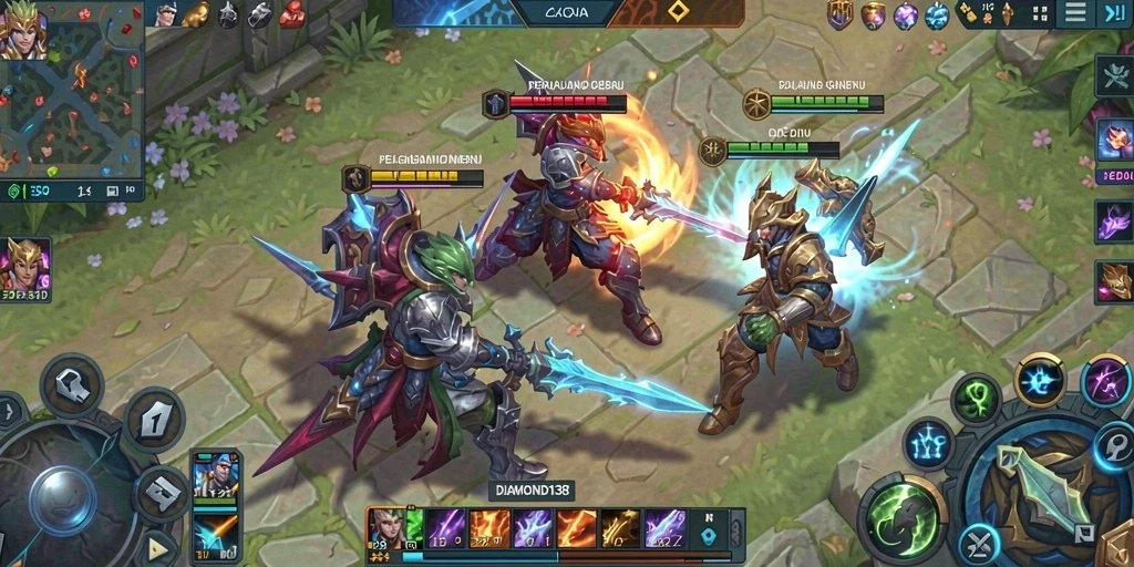 Tangkapan layar <strong>DIAMOND138</strong> menampilkan aksi seru dalam pertempuran MOBA.