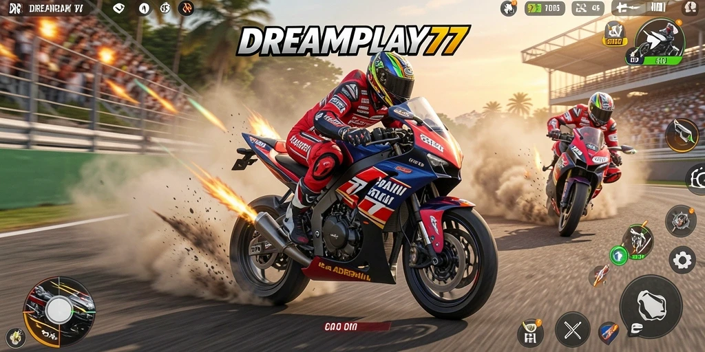 Gameplay intens balapan motor di DREAMPLAY77 dengan trek yang menantang.
