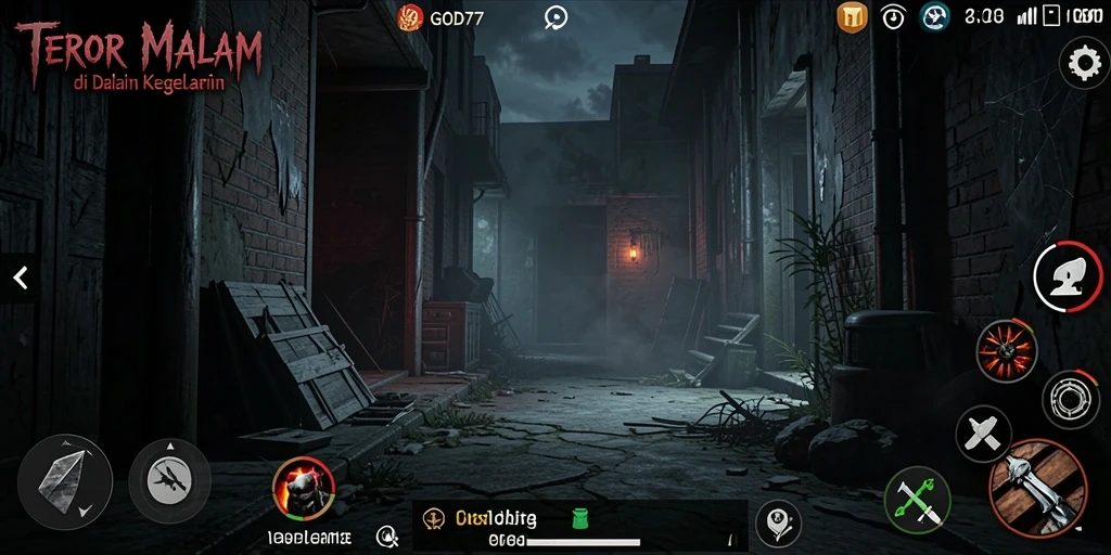 Screenshot gameplay GOD77 menampilkan suasana menyeramkan dan penuh ketegangan.