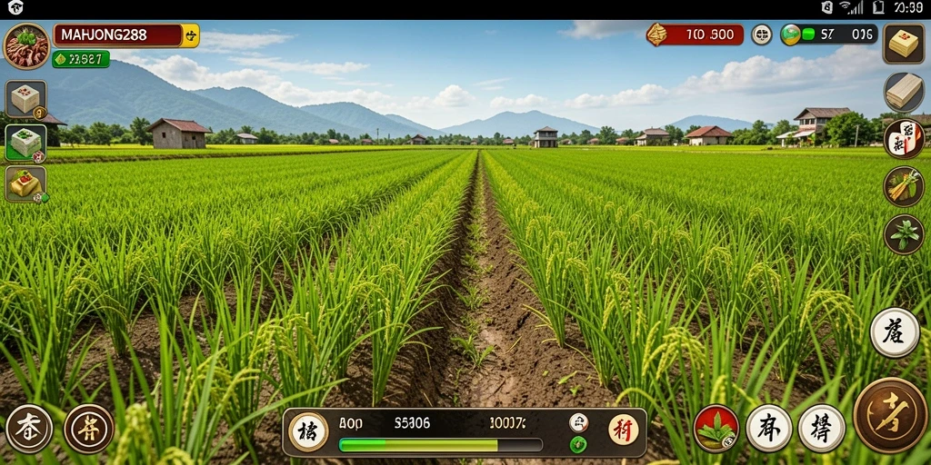 Screenshot gameplay MAHJONG288 yang menunjukkan aktivitas bertani.