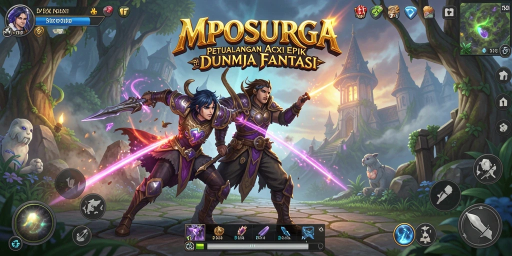 Screenshot utama MPOSURGA menunjukkan duel seru antara karakter di arena aksi.