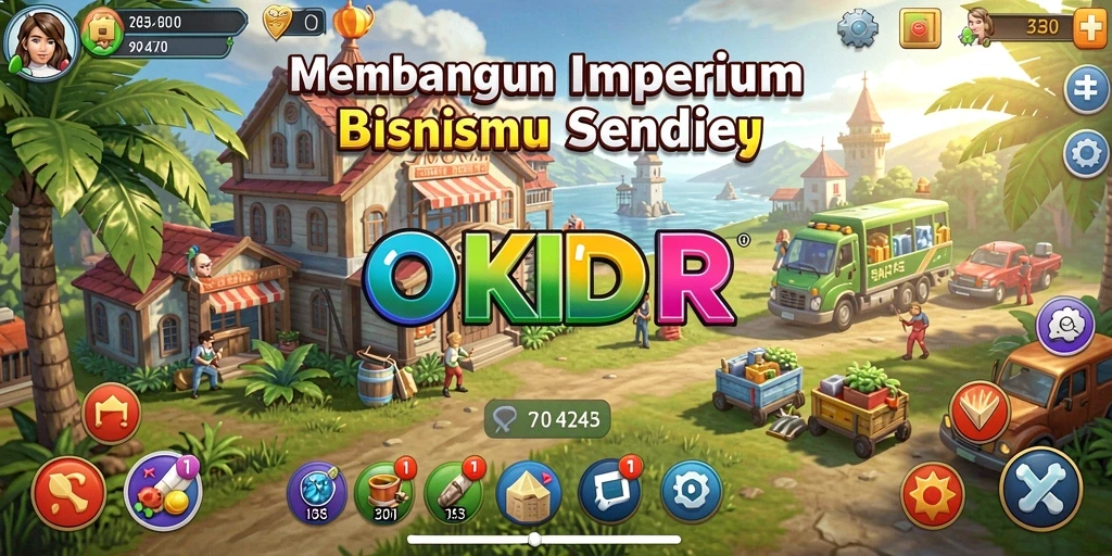 Screenshot gameplay OKIDR menunjukkan berbagai aktivitas manajemen bisnis.