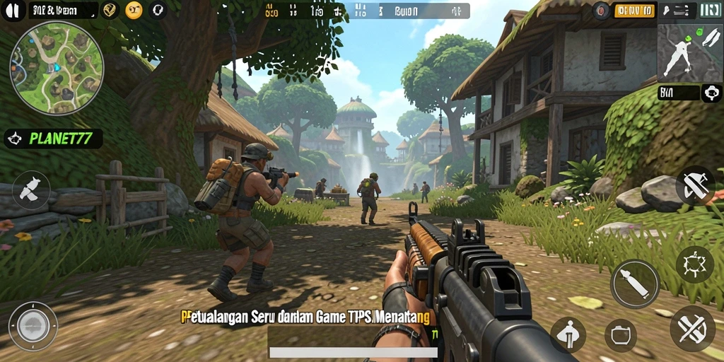 Tangkapan layar dari gameplay seru PLANET77 dengan aksi tembak-menembak yang intens.