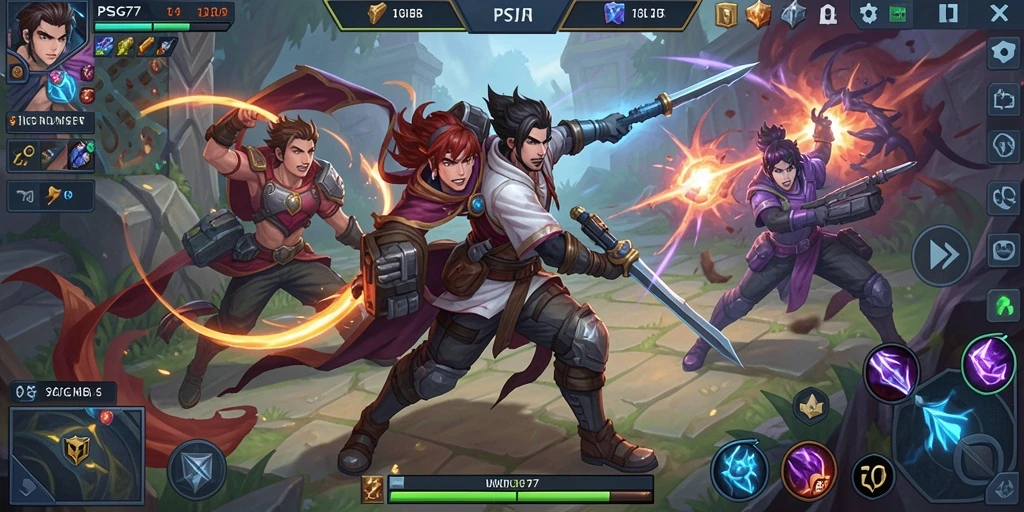 Tampilan gameplay seru dan intens dalam PSG77 game MOBA.