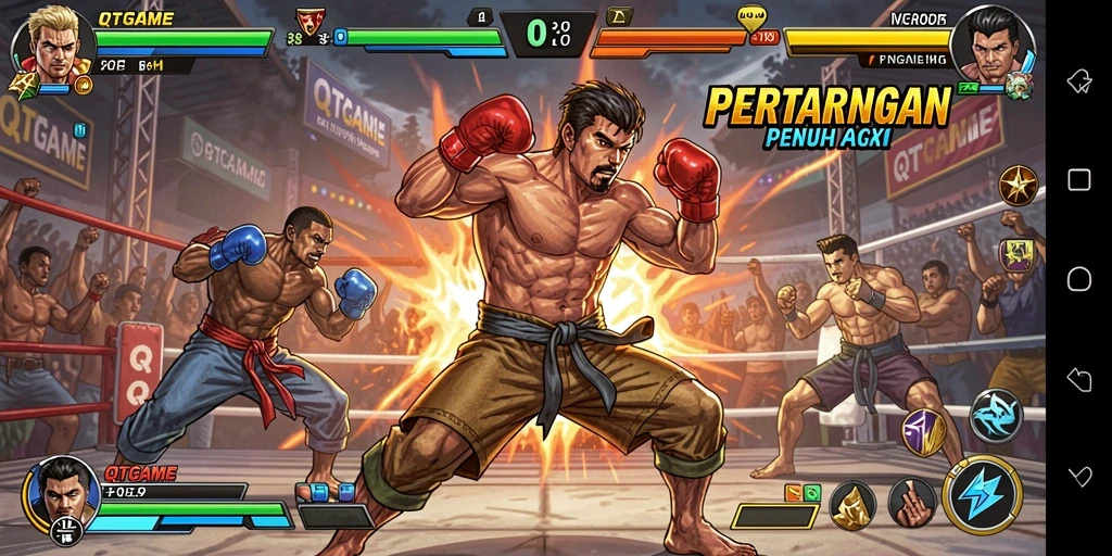 Tampilan gameplay QTGAME yang menampilkan aksi pertarungan mendebarkan.