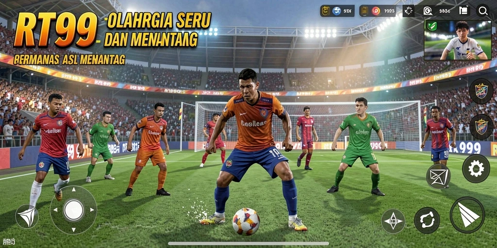 Screenshot utama RT99 menampilkan aksi mendebarkan dalam pertandingan olahraga.
