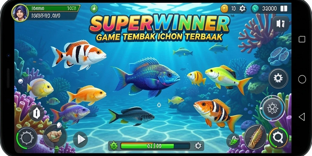 Screenshot gameplay SUPERWINNER yang menampilkan aksi menembak ikan.